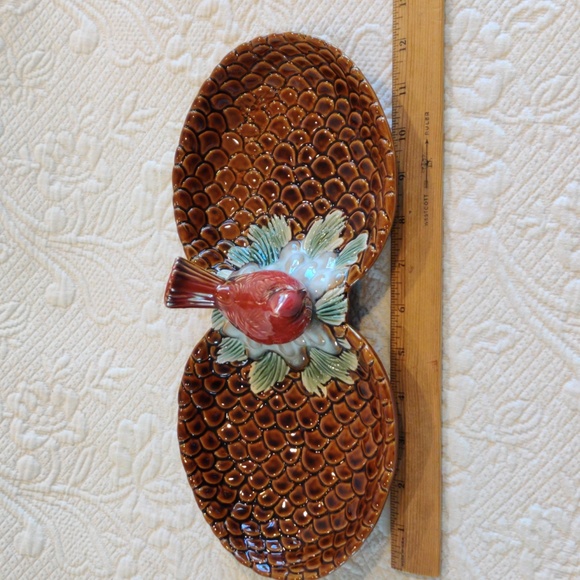 Vintage Dual Ceramic Pinecone Party Serving Nut & Candy Dish With Cardinal Bird - Picture 8 of 10